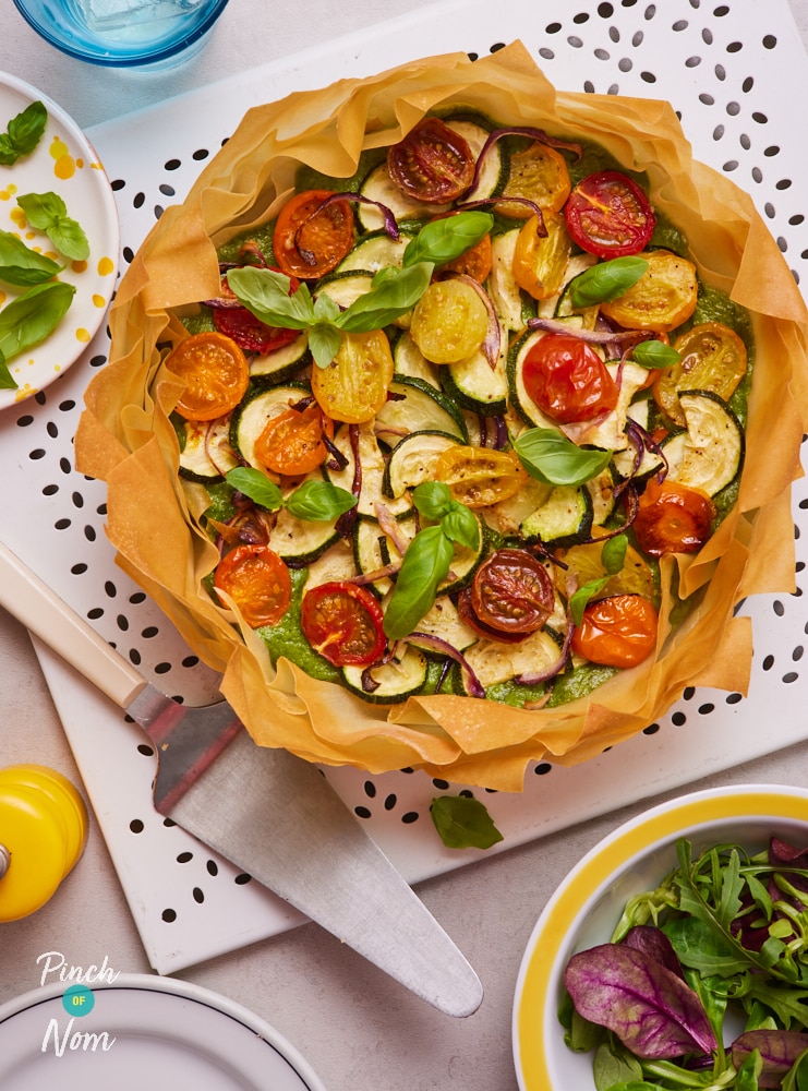 Roasted Vegetable and Pesto Tart - Pinch of Nom Slimming Recipes