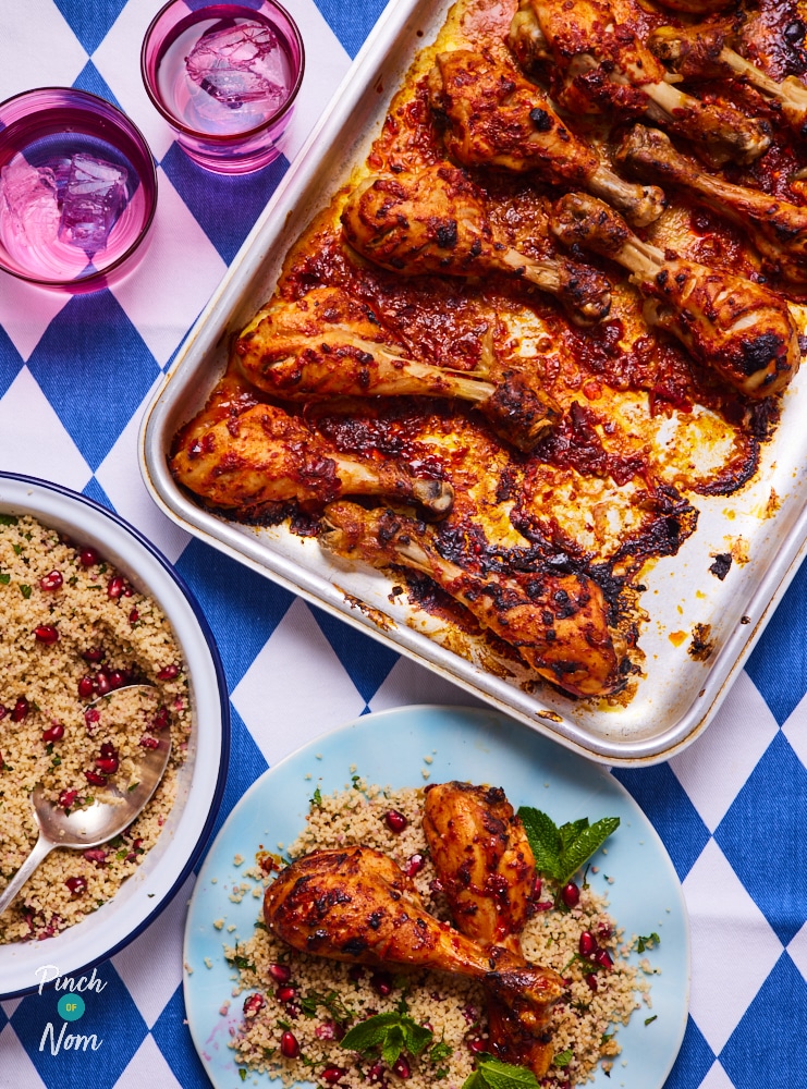 Moroccan Style Chicken Drumsticks with Mint Couscous - Pinch of Nom Slimming Recipes
